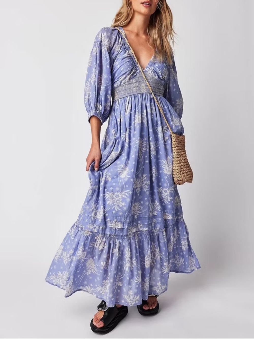 Free People Golden Hour Floral Maxi Dress M Blue Violet White Smocked Boho